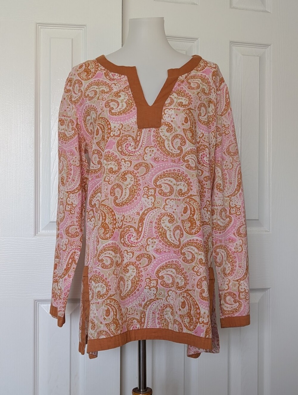 Lucky Brand Pink & Orange Paisley Notch-Neck Tunic 100% Cotton